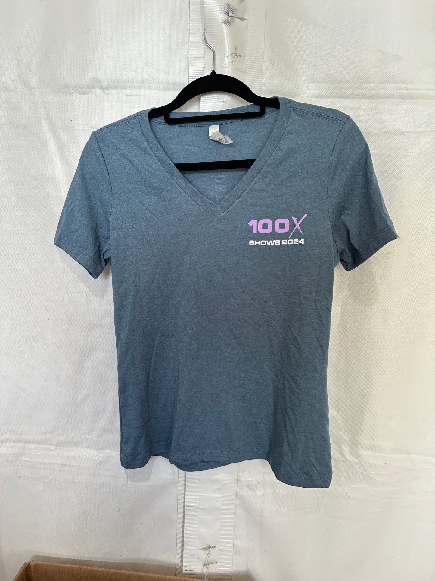 T-Shirt: V Neck, Womens, Blue with 100X Purple logo